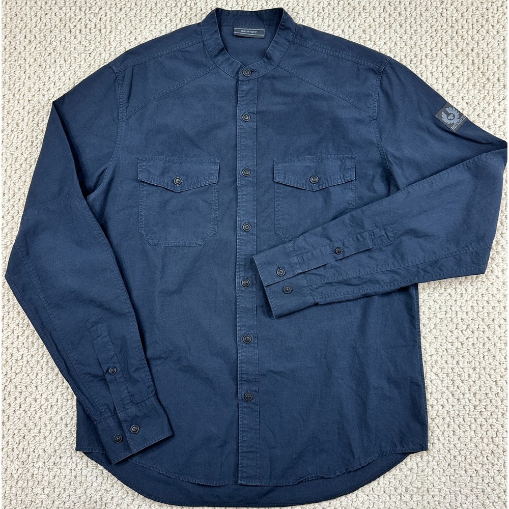 Belstaff England Shirt Mens M Deep Navy Kearsley Woven Band Collar Button Up